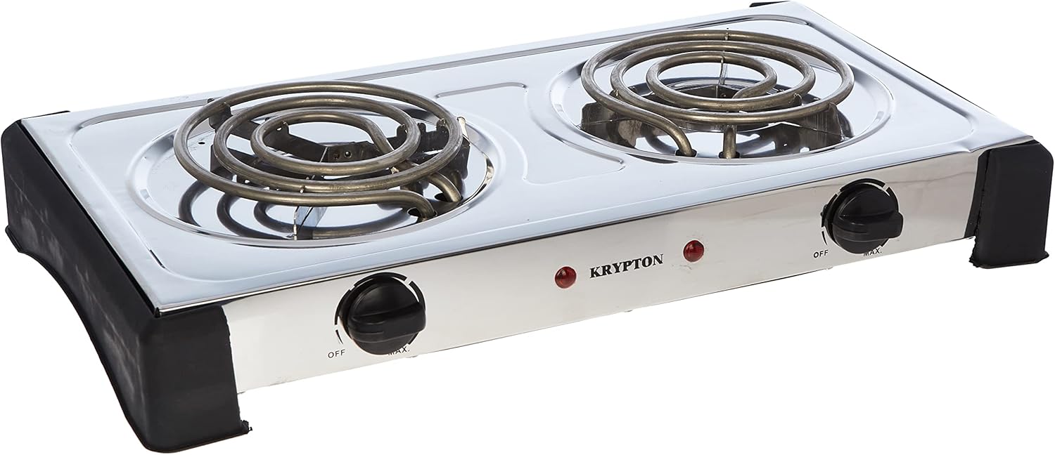 Krypton Stainless Steel Double Burner Hot Plate 2000 W KNHP5310 - SilverKitchen AppliancesCAST IRON This 2000W double hot plate has Good quality and durable cast iron heating elements for quick and sustained heating.THERMOSTATIC ADJUSTABLE TEMPERATURE CON